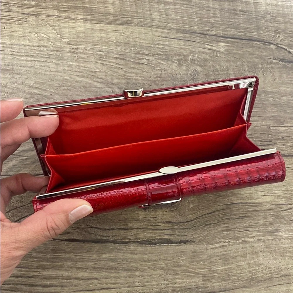 Elegant Red Crocodile Wallet with Silver Clasp